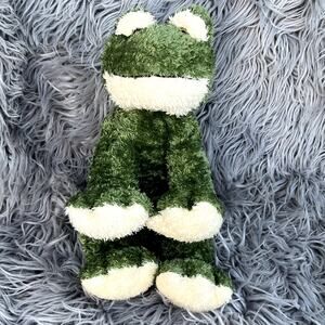 Plush Seated Green Frog Yellow Marble Eyes Soft Fur Plushie Stuffed Animal 9"